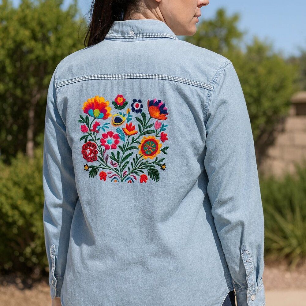 Kim Rogers Embroidered Floral Chambray Button-up Shirt Large